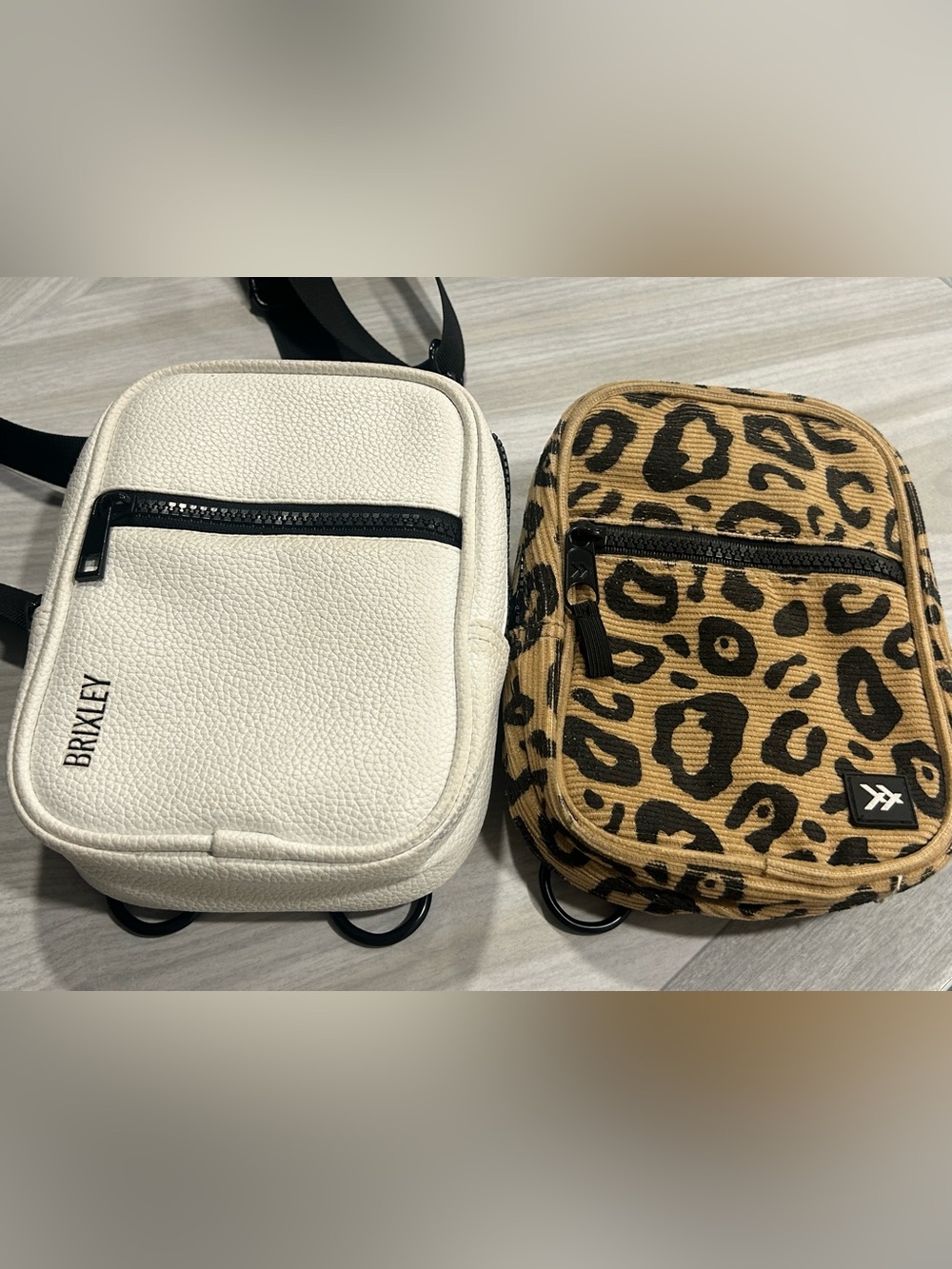 White Brixley and Leopard Thread Crossbody Bags with Black Zipper